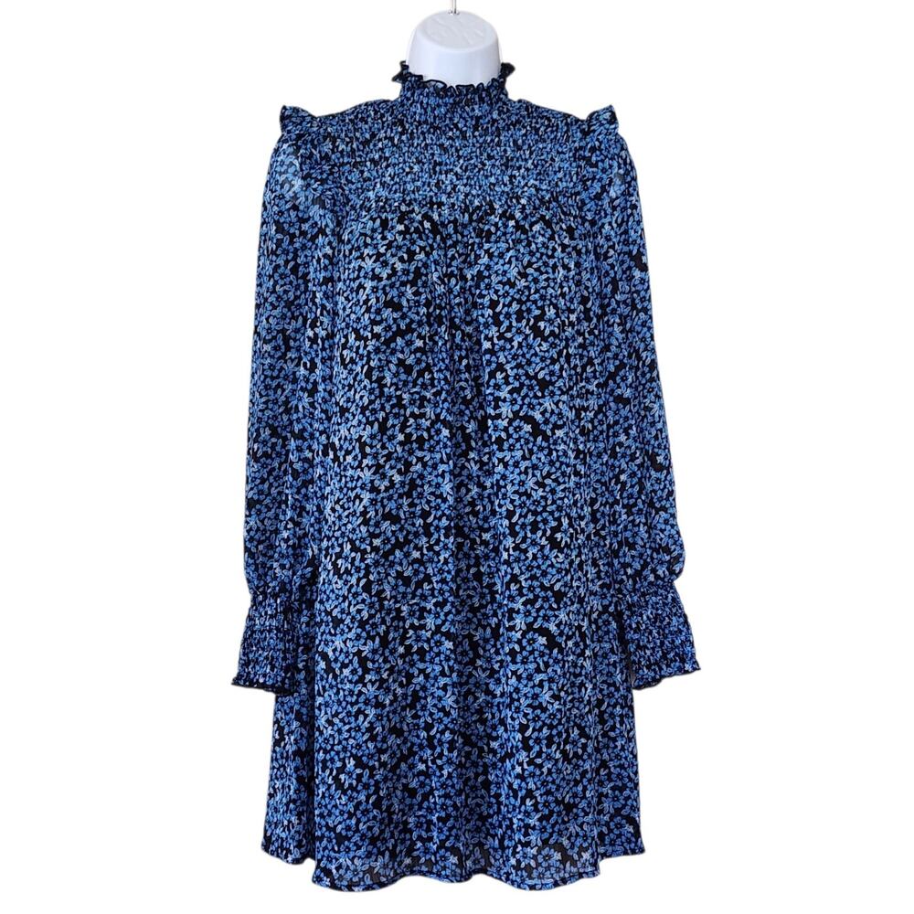 Miami Womens Dress Size XS Blue Floral Chiffon Mock Neck Long Sleeve Pleated